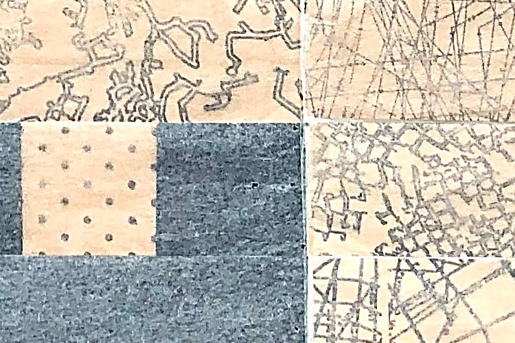 2020 - Mapa de los días III, Tinta y collage en bolsas de té sobre papel, 45 x 89 cm